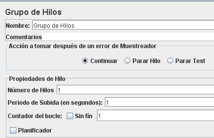 Configuración por default del Grupo de Hilos